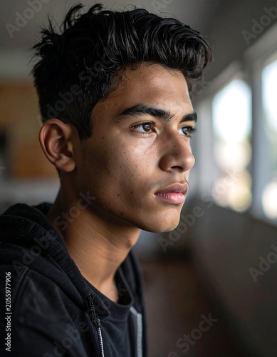 A young man with dark hair and brown eyes looking outside