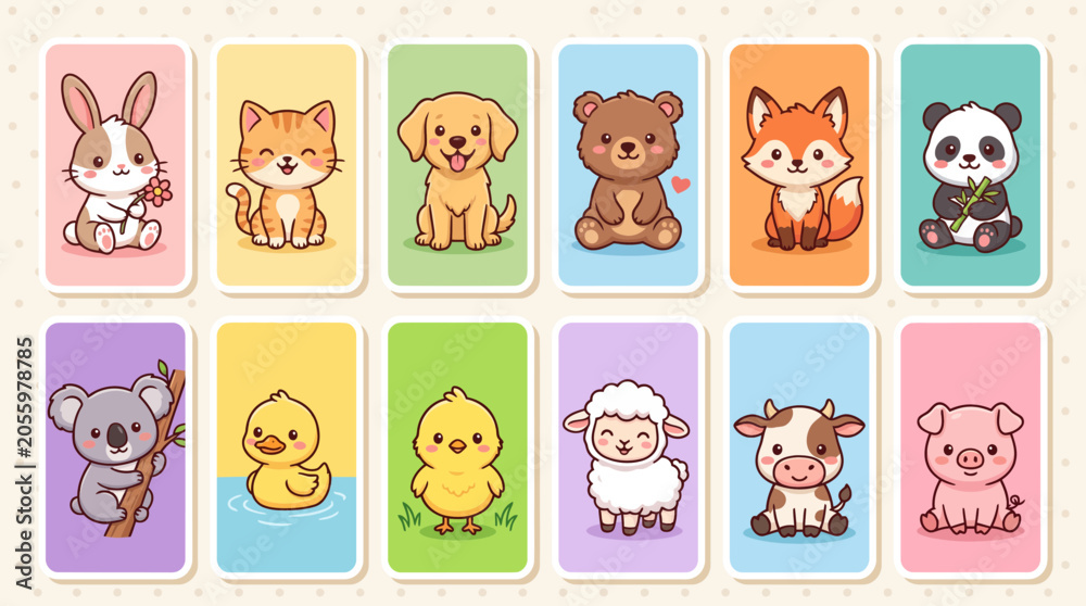 Fototapeta premium Twelve adorable cartoon animal characters arranged in colorful vertical panels for this charming vector graphic set of cute forest creatures