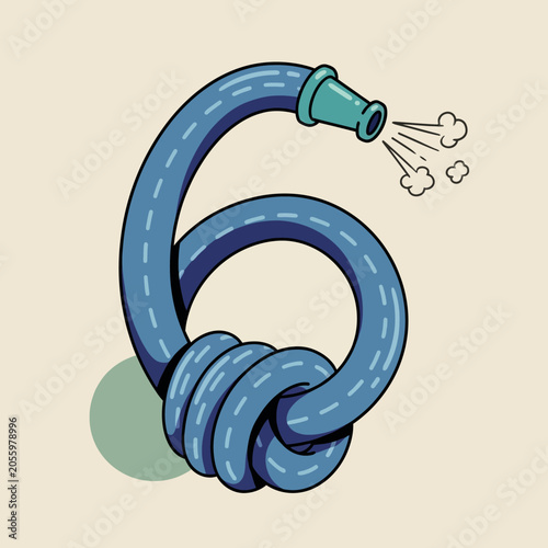 Whimsical illustration of a blue garden hose creatively shaped into the number 6, spraying mist from its nozzle against a neutral background with a subtle green circle accent, perfect for...