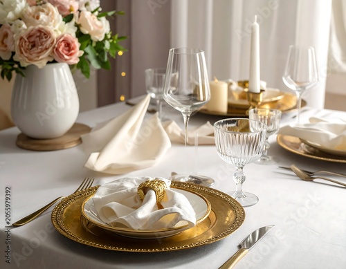 Elegant table setting with gold plates and flowers