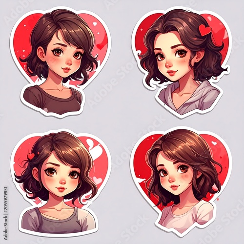 Four cartoon-style female portraits with heart backgrounds