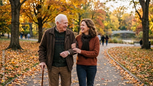 Father and Daughter Walk in Autumn Park