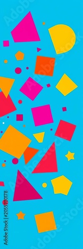 Funky geometric shapes dance across a bright blue background, geometric, design