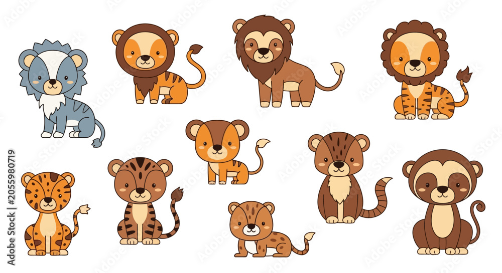 Fototapeta premium Adorable cartoon safari animals and big cats sticker set.