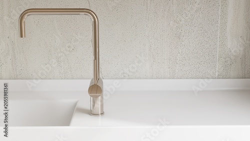 Εκτύπωση καμβά Minimal, luxury white quartz bathroom vanity counter with gold chrome gooseneck