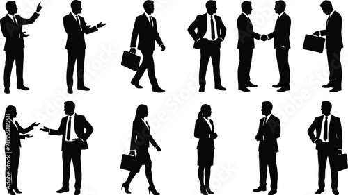 Collection of corporate business people silhouettes in various poses including handshaking, presenting, and walking on white background