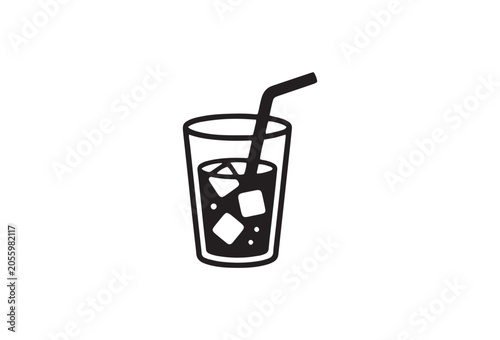 Refreshing drink, cold beverage, ice cubes, straw, simple illustration, vector graphic