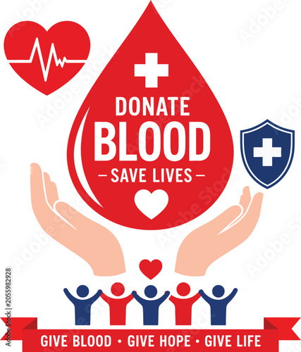 Hand holding donation bag with heart symbol and people hand holding bag red cells