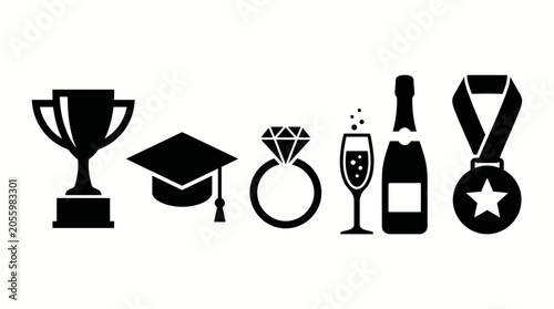 Celebration Icons: Trophy, Graduation Cap, Ring, Champagne, Medal