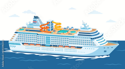 Luxury Cruise Ship with Water Slides Sailing on Calm Blue Ocean