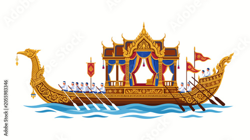 Elaborate Royal Barge Procession with Rowers and Banners on Water