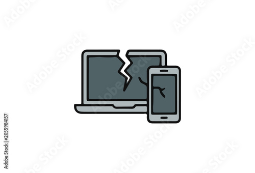 Broken screen, cracked device, damaged phone, laptop icons, technology failure