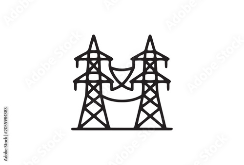 Electric power transmission towers, industrial energy infrastructure, electricity pylons, vector icons