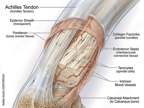 Anatomy of the human achilles tendon with connective tissue and calcaneal attachment
