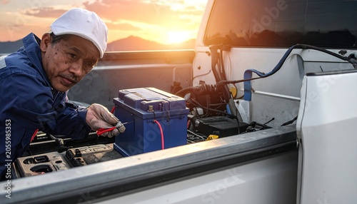 Man working on car battery at sunset