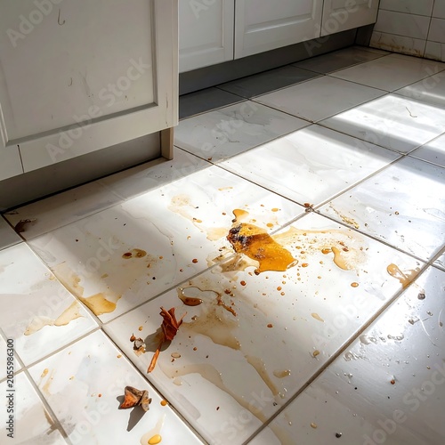 Messy kitchen floor with spills and crumbs