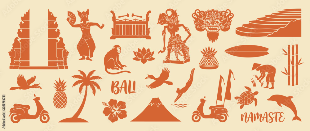 Fototapeta premium Traditional cultural icons and tropical landmarks representing Southeast Asian tourism for travel branding and souvenir design