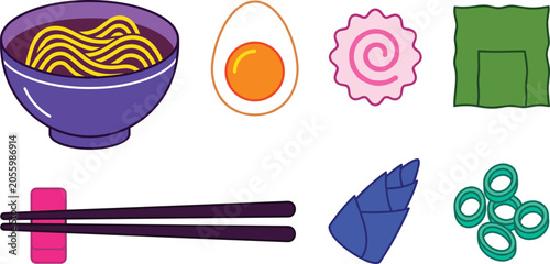 Schilderij op canvas Japanese Ramen Noodle Soup and Ingredients Icon Set with Bowl, Boiled Egg, Narut