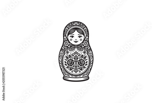 Russian Matryoshka Doll, Traditional Folk Art, Black and White Illustration, Vector Icon