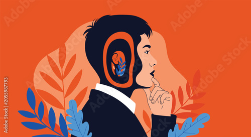 Profile of a woman in thought with a series of smaller silhouettes inside her head against a warm orange background with leaves.