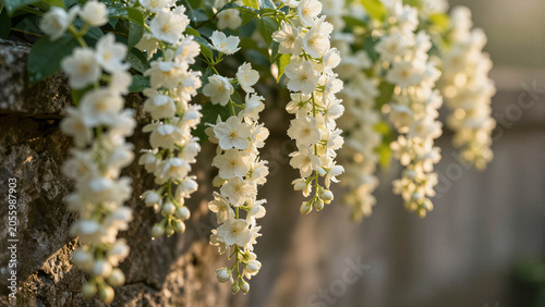 White jasmine blooms cascade gently beside weathered stone. Soft sunlight highlights delicate petals and slender stems. Natural beauty frames a tranquil garden scene. Perfect for backgrounds