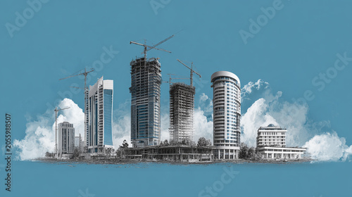 Skyline composition of high rise buildings under construction with cranes against blue sky background