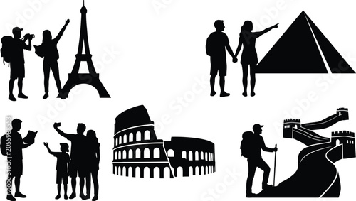 Фотография Tourists visiting famous world landmarks vector illustration