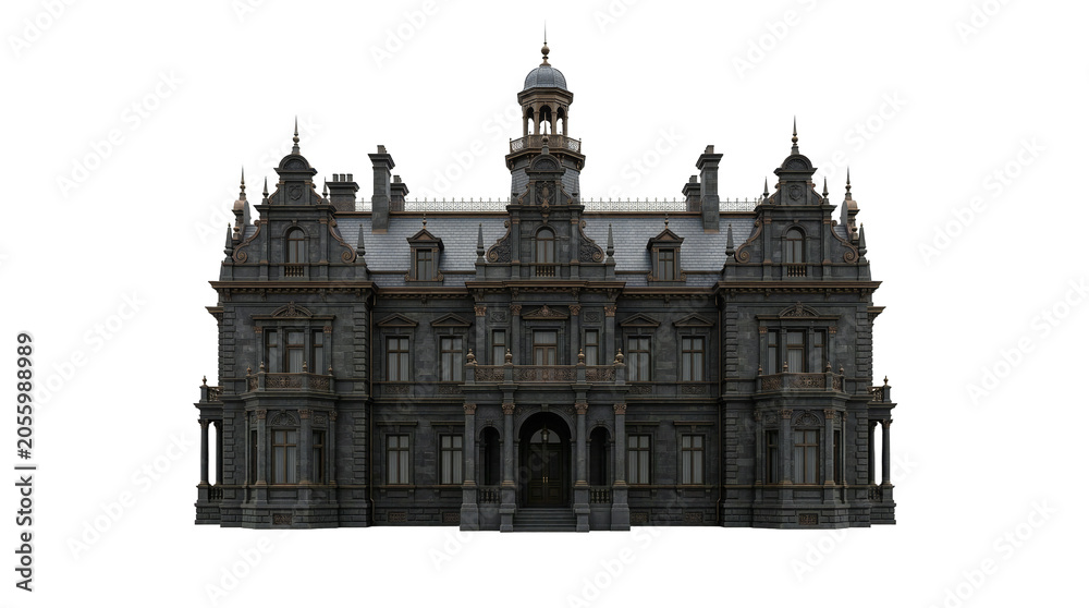 Naklejka premium Isolated dark gothic mansion with ornate architecture on transparent background.