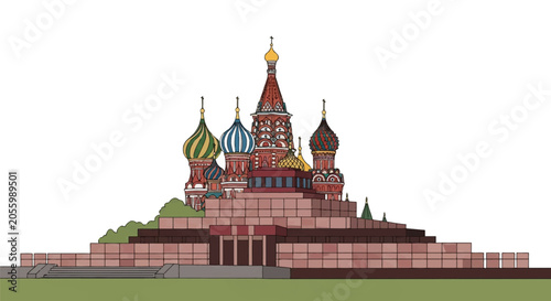 Vector illustration of Saint Basil's Cathedral and Lenin's Mausoleum on Red Square in Moscow, Russia, featuring colorful onion domes and tiered stone architecture on white background.