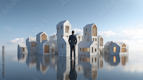 Businessman standing in front of architectural city model of concrete houses floating on water with reflections under blue sky