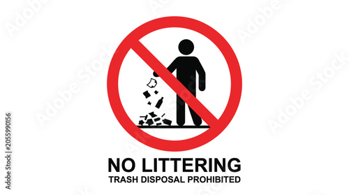 Black and red no littering sign with a white background showing trash disposal is strictly prohibited