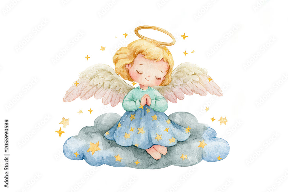 Naklejka premium Cute watercolor illustration of little angel girl with golden halo sitting on soft fluffy blue cloud