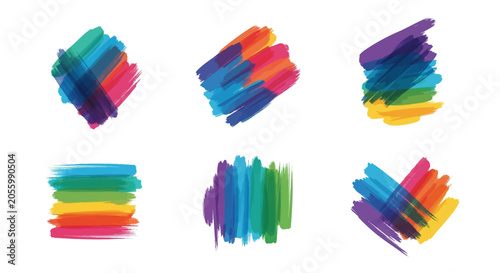 Six sets of vibrant rainbow colored brush strokes with textured paint effects and diverse artistic arrangements isolated on a white background for graphic design projects.