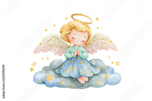Cute watercolor illustration of  little angel girl with golden halo sitting on  soft fluffy blue cloud