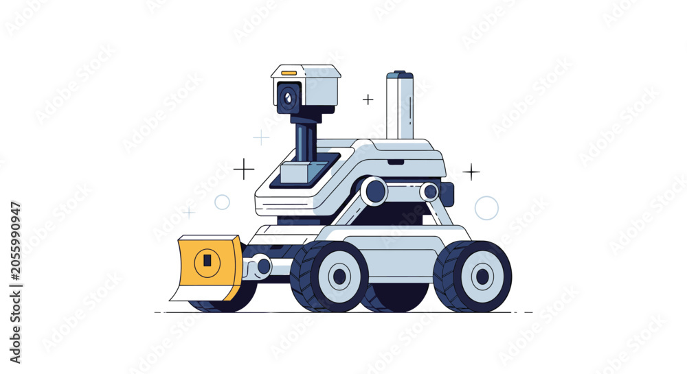 Naklejka premium High-tech autonomous mobile robot with a camera, sensor, and bulldozer blade designed for industrial or security applications.