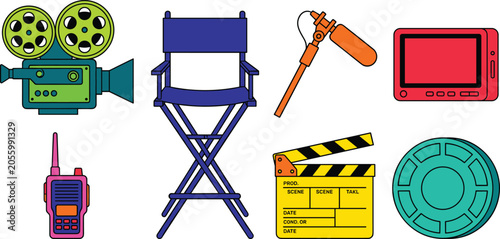 Bild auf Leinwand Cinema and Film Production Equipment Vector Icon Set with Vintage Movie Camera D