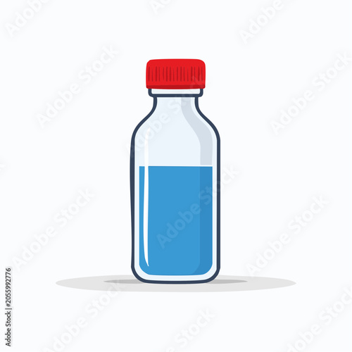 Illustration of a clear bottle with blue liquid and red cap