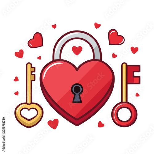 Heart Lock and Key Cartoon Vector Illustration