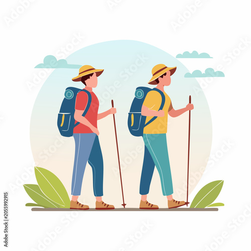 Two hikers with backpacks and trekking poles walking outdoors