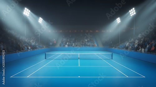 Modern tennis stadium with blue court. Postproducted generative AI illustration.
