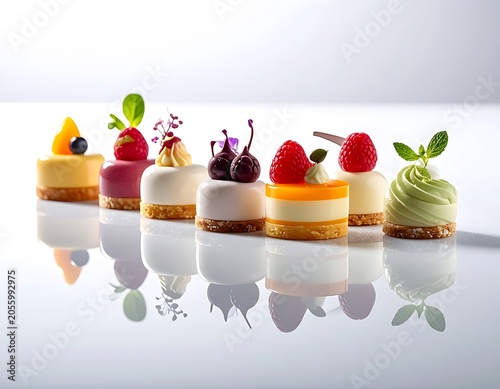 A row of seven miniature desserts with various fruits and cream toppings