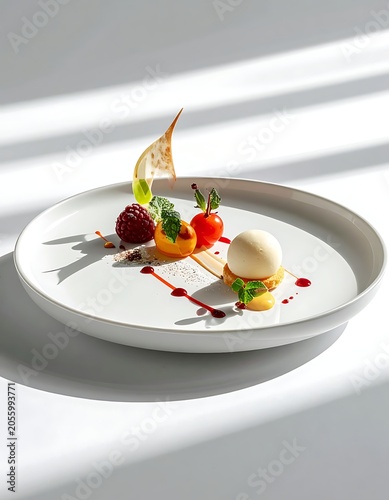 A white plate with dessert and fruit on a table