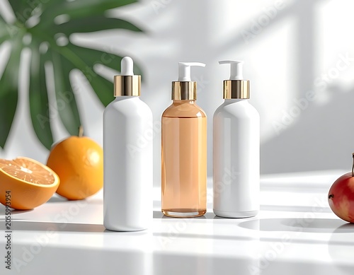 Three bottles on a white surface surrounded by fruit and a plant
