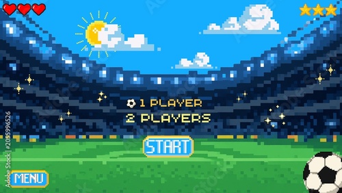 Fotografía Pixel Art Soccer Game Start Menu Interface with Stadium Field Clouds and Footbal