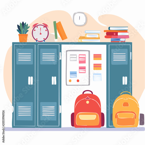 School Hallway with Lockers and Backpacks
