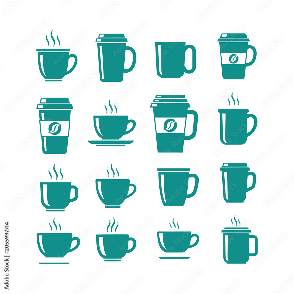 Obraz premium Teal coffee cups and mugs isolated on white
