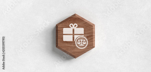 Foto Wooden hexagon with a white gift box and law scales icon representing legal gifting, corporate ethics, compliance, regulated charity, inheritance law, and professional integrity