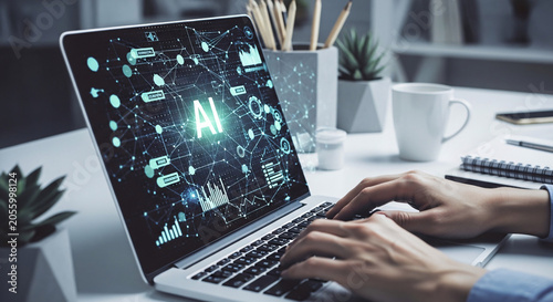 Person Working on Laptop with Ai Interface Displaying Data and Network Connections