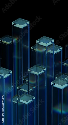 Glass geometric structure shape, 3D abstract minimalist iridescent reflections, neon light holographic gradient, vertical 3d render