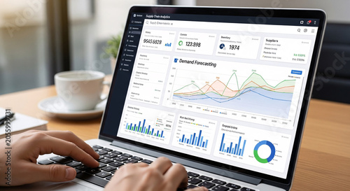 Close up of Hands Typing on a Laptop Showing a Detailed Supply Chain Analytics Dashboard